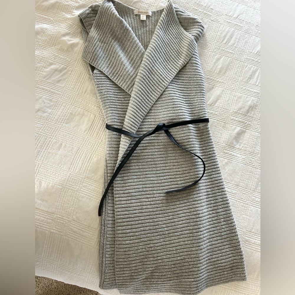 Wool wrap cardigan with leather belt.